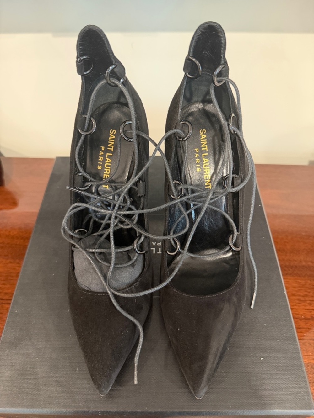 Saint Laurent Black Suede Lace-Up Pointed Pumps
